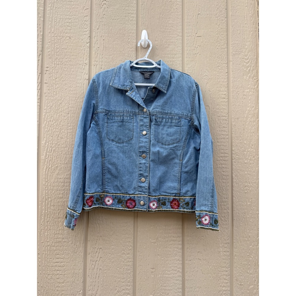 Van Heusen Large Denim Jacket Boho Floral Beaded Cotton Light Wash Trim